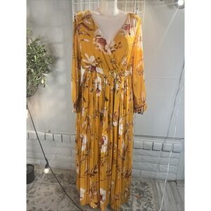Ricarica Floral Yellow Chiffon Long Maxi Dress Tie Waist‎ Flowy Event 3XL